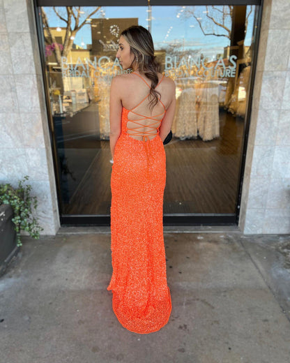 Sparkly Mermaid Orange Sequins Prom Dress